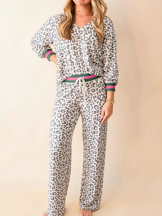 Hazel Blues® |  V Neck Leopard Long Sleeve Top Striped Webbing Patchwork Drawstring Pant Set