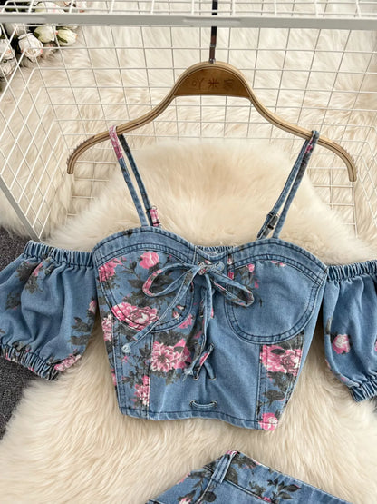 Hazel Blues® |  Floral Print Sweetheart Neck Cami and Skirt Denim Set