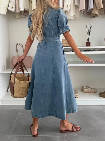 Hazel Blues® |  Puff Sleeve Button Down Belted Denim Midi Dress