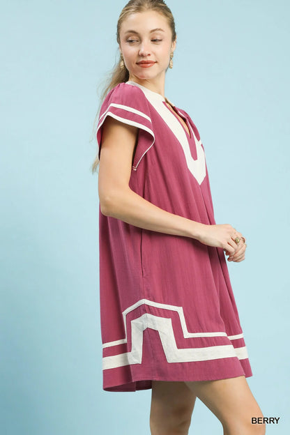 Hazel Blues® |  Umgee Linen Contrast Trim Short Sleeve Dress