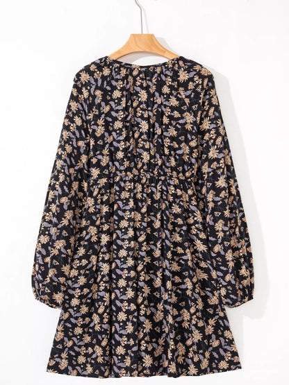 Hazel Blues® |  Floral Deep V Neck Smocked Bust Bubble Sleeve Babydoll Dress