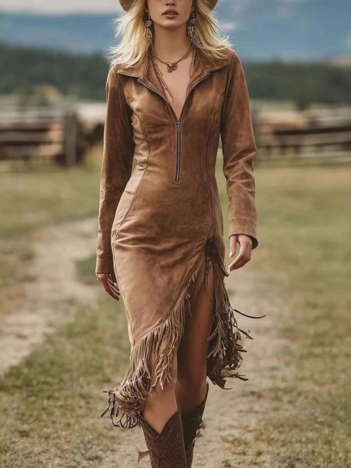 Hazel Blues® | Fringe Hem Zip Front Bodycon Dress