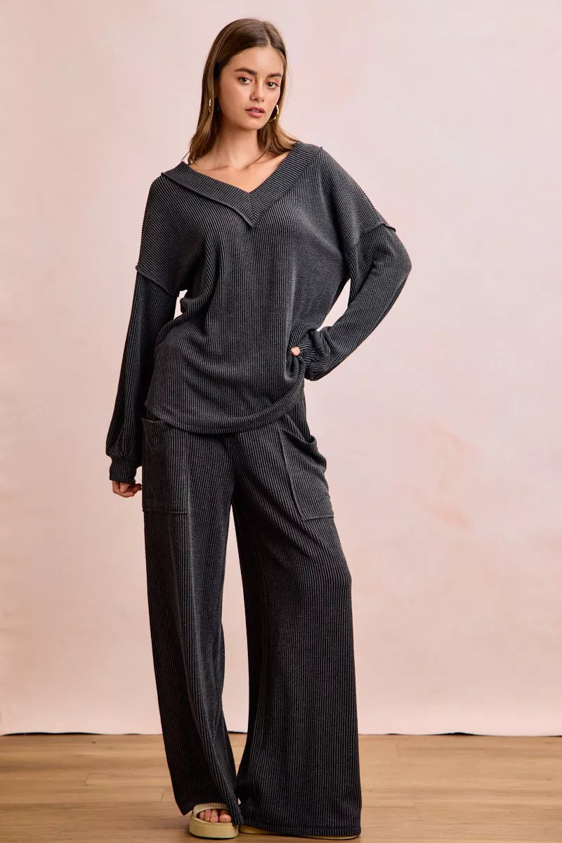 Hazel Blues® |  BiBi Two Tone Cord Rib Contrast Stitching V-Neck Top and Pants Set