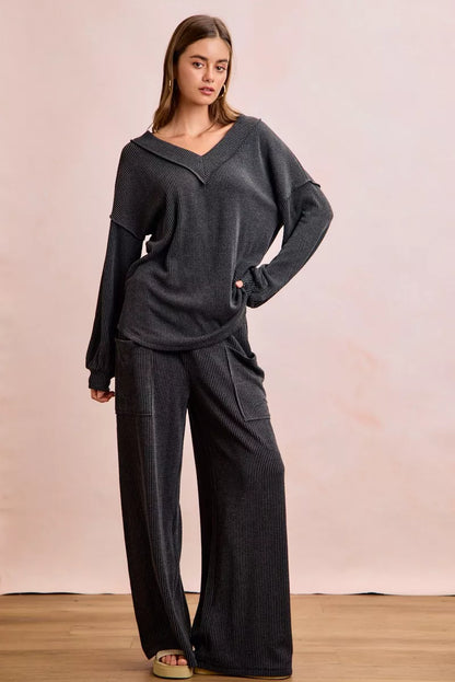 Hazel Blues® |  BiBi Two Tone Cord Rib Contrast Stitching V-Neck Top and Pants Set