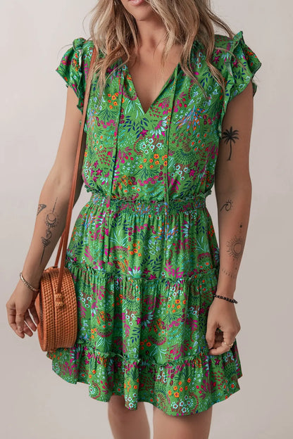 Hazel Blues® |  Floral Tie Split Neck Frilly Ruffle Trim Tiered Short Dress