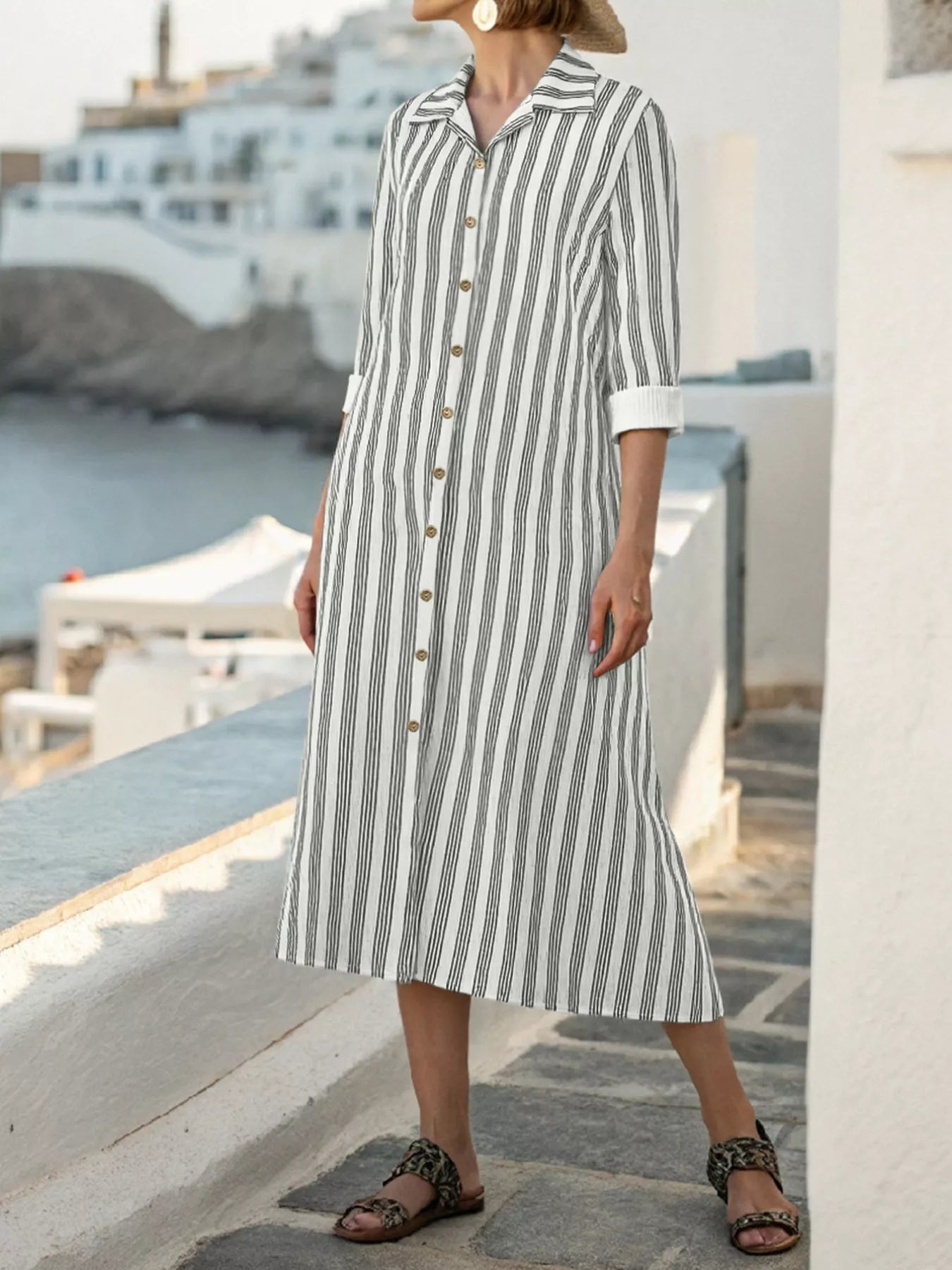Hazel Blues® | Striped Button Front Midi Dress