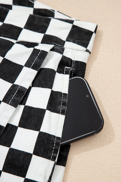 Hazel Blues® |  Black Checkered Print Overlap Denim Shorts