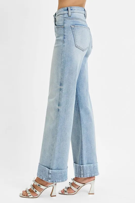 Hazel Blues® | RISEN Tummy Control High Rise Ankle Wide Cuffed Jeans