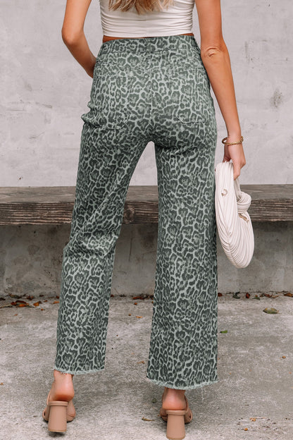 Hazel Blues® |  Gray Leopard Frayed Edge Wide Leg High Waist Jeans