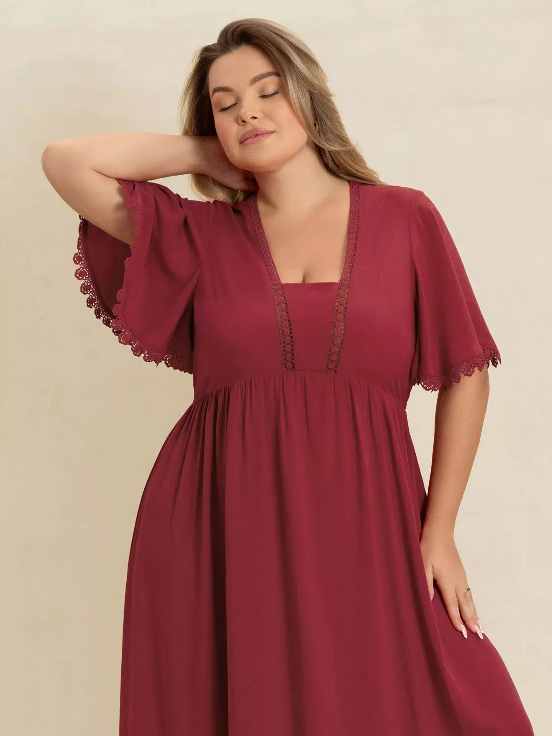 Hazel Blues® | Lace Detail Flutter Sleeve Maxi Dress