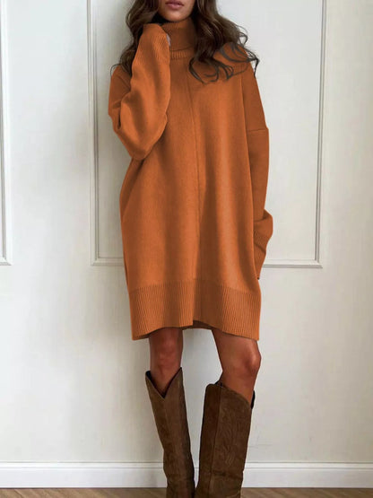 Hazel Blues® |  Solid Color Turtleneck Drop Shoulder Loose Sweater Dress