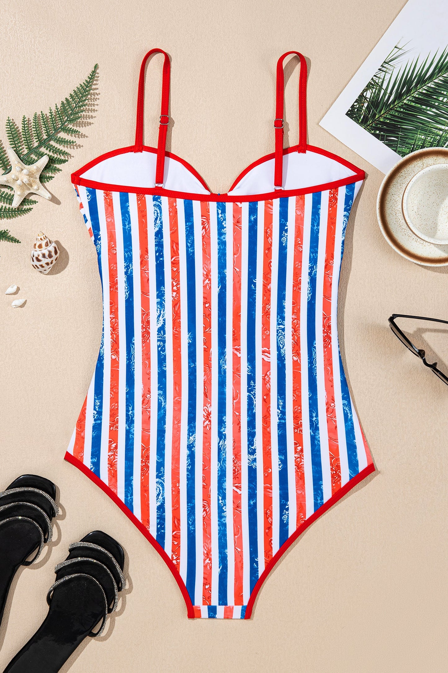 Hazel Blues® | Red July 4th Stripes Star Floral Impression Cutout Spaghetti Straps One Piece Swimsuit