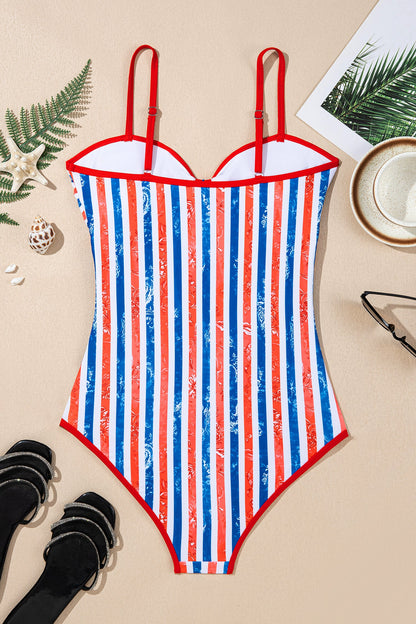 Hazel Blues® | Red July 4th Stripes Star Floral Impression Cutout Spaghetti Straps One Piece Swimsuit