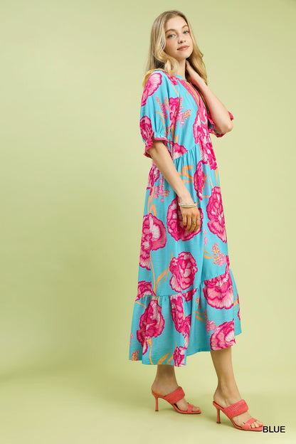 Hazel Blues® |  Umgee Floral Print Midi Dress with Contrast Trim