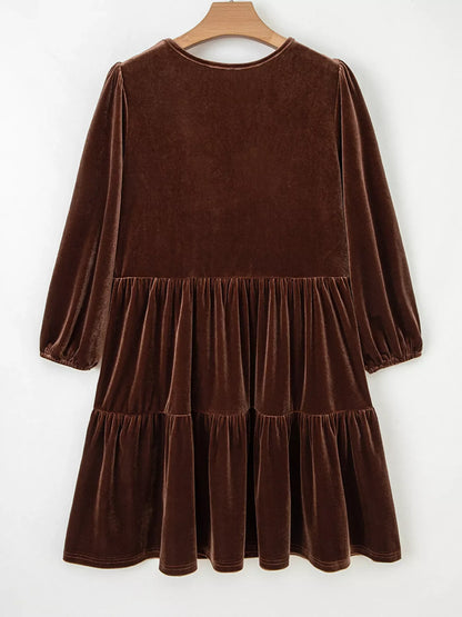 Hazel Blues® |  Solid Color Velvet V Neck Long Sleeve Tiered Mini Dress