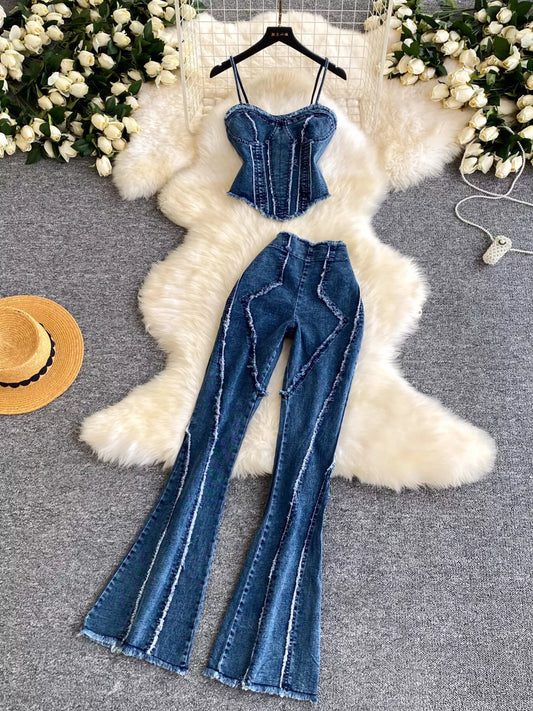 Hazel Blues® |  Raw Hem Denim Cami and Flare Jeans Set