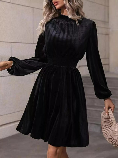 Hazel Blues® |  Velvet High Neck Long Sleeve A-Line Dress