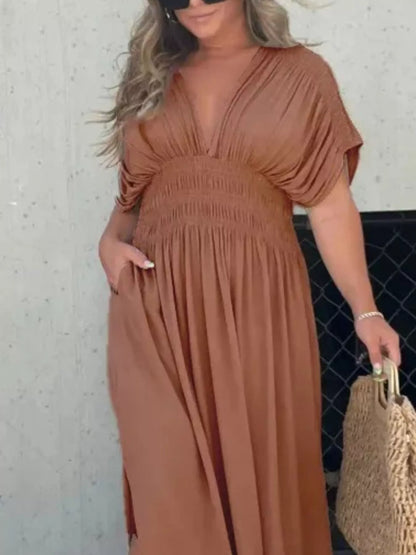 Hazel Blues® | Slit V-Neck Smocked Waist Maxi Dress