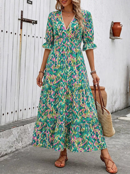 Hazel Blues® |  Printed V-Neck Flounce Sleeve Dress
