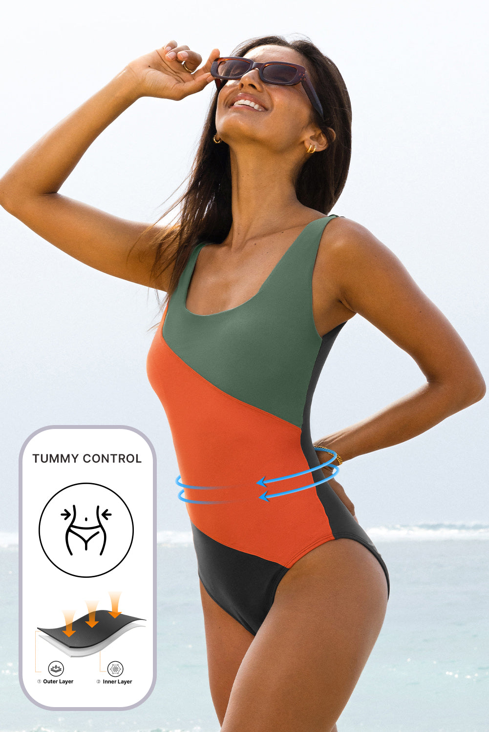 Hazel Blues® | Duffel Green Color Block Padded Square Neck One Piece Swimsuit