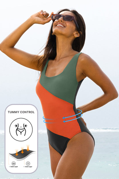 Hazel Blues® | Duffel Green Color Block Padded Square Neck One Piece Swimsuit