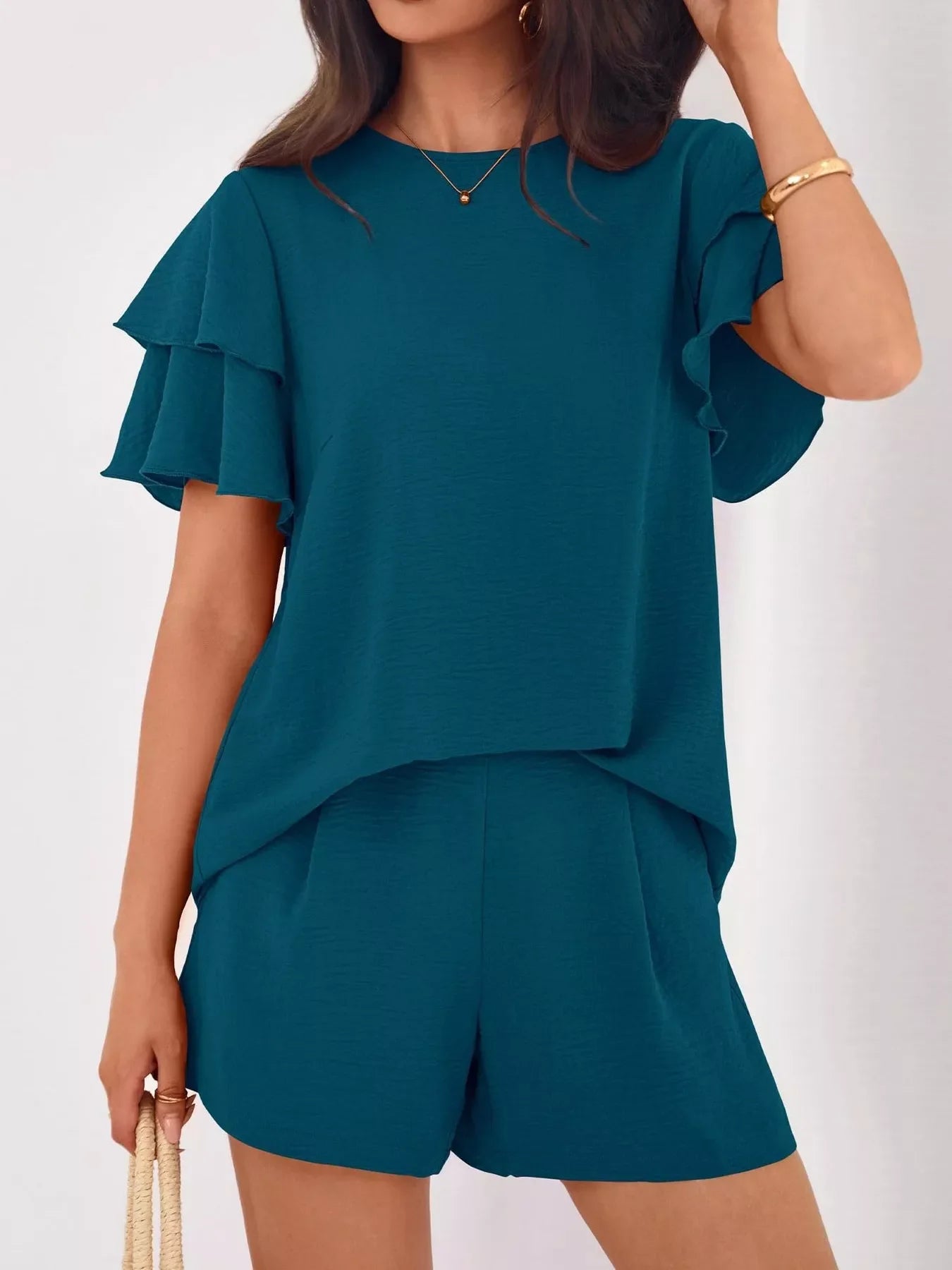 Hazel Blues® |  Ruffle Sleeve Top and Shorts Two-Piece Set