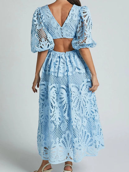 Hazel Blues® |  Cutout Back Lace Crochet V-Neck Dress