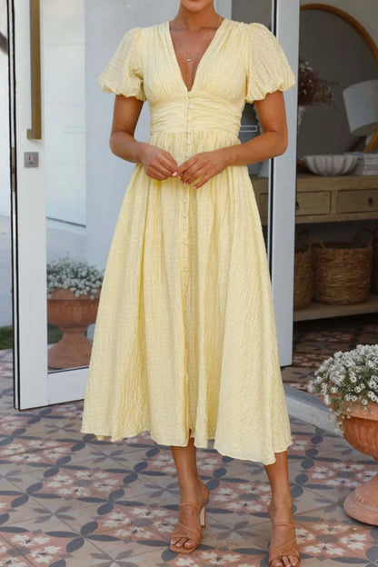 Hazel Blues® |  V-Neck Puff Short Sleeve Midi Dress