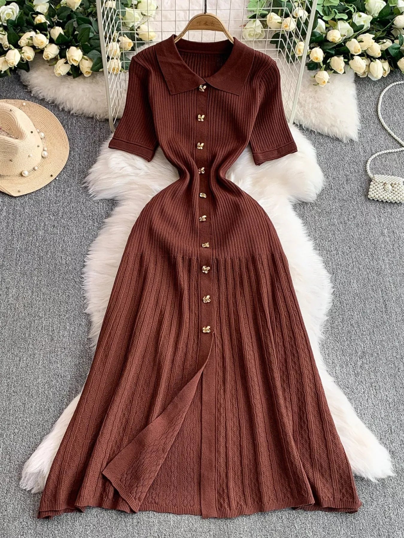 Hazel Blues® |  Button Front Ribbed Knit Midi Dress