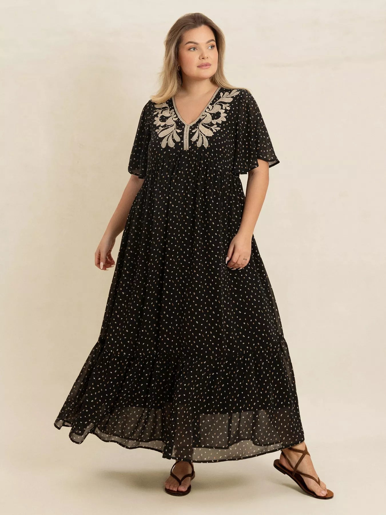 Hazel Blues® | Printed V-Neck Flutter Sleeve Maxi Dress