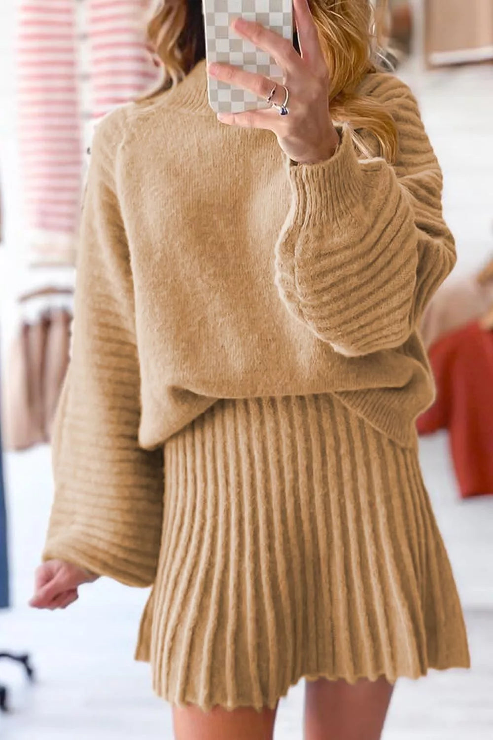 Hazel Blues® |  Ribbed Knit Long Sleeve Top and Skirt Sweater Set