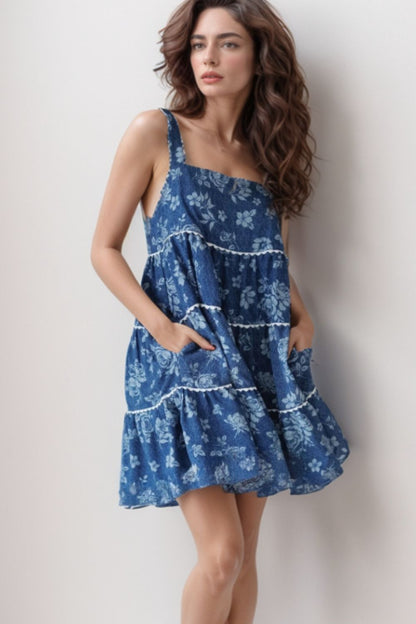 Hazel Blues® |  Floral Tiered Square Neck Denim Dress