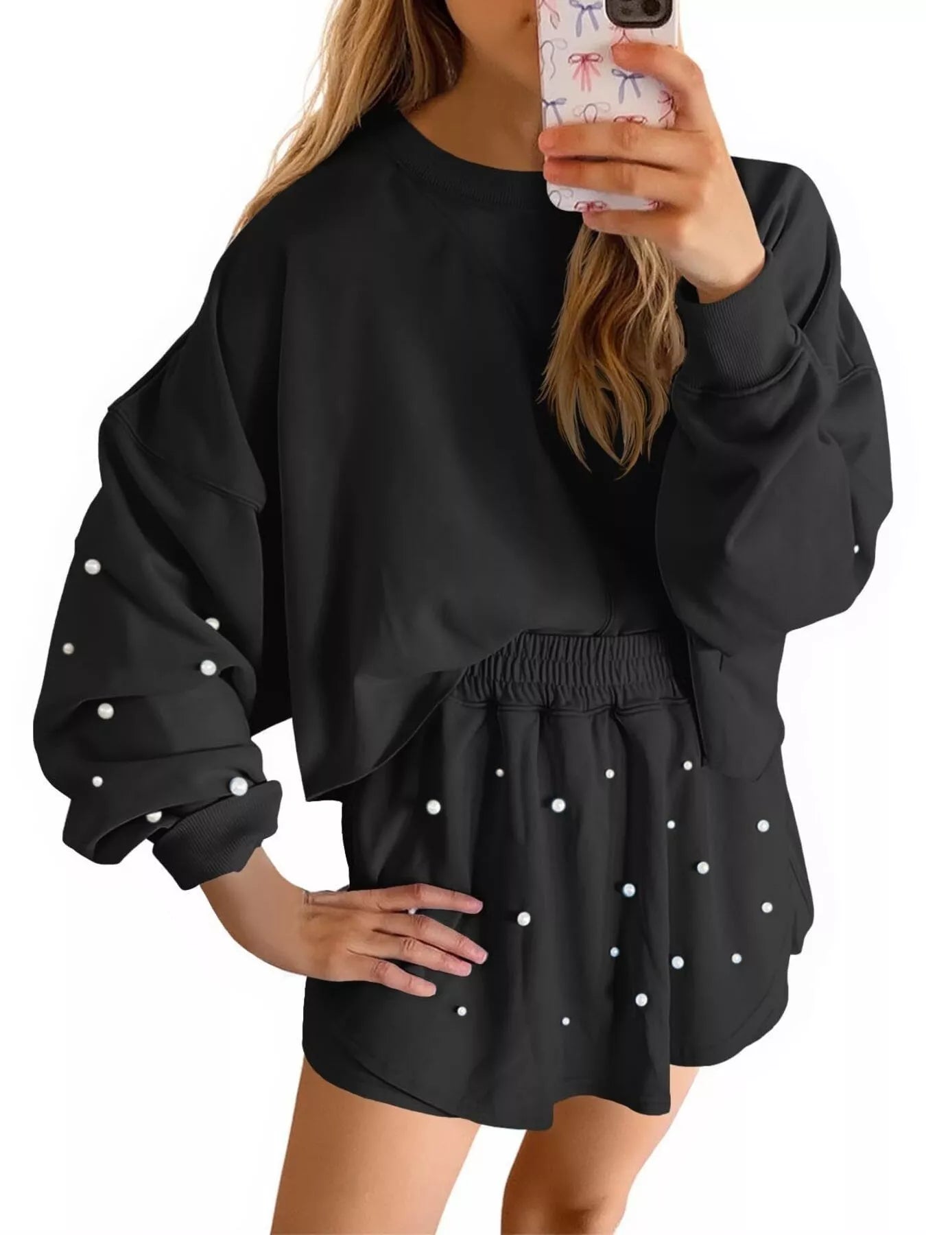 Hazel Blues® |  Pearl Embellished Round Neck Top and Skort Set