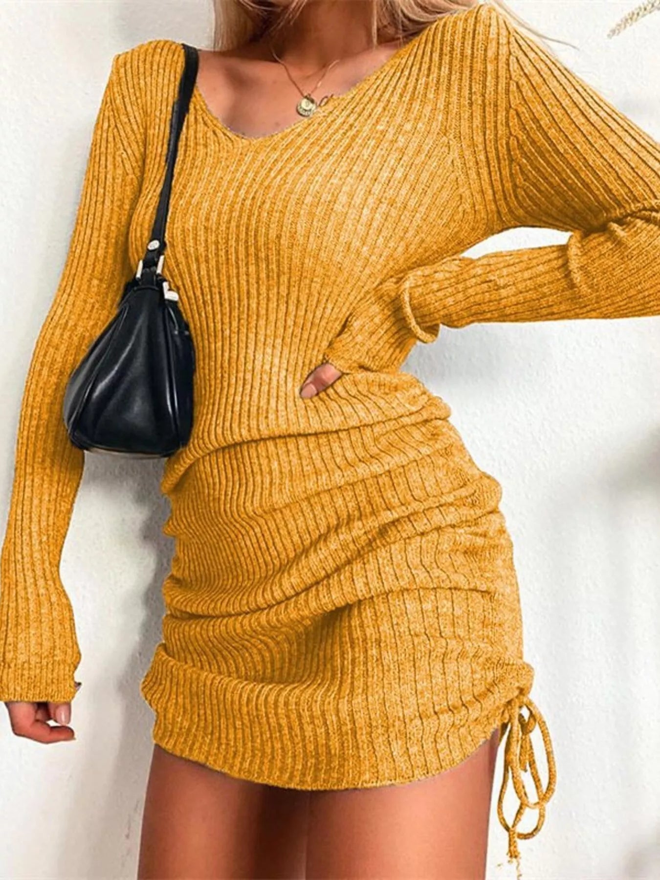 Hazel Blues® | Ribbed Knit Drawstring Bodycon Sweater Dress