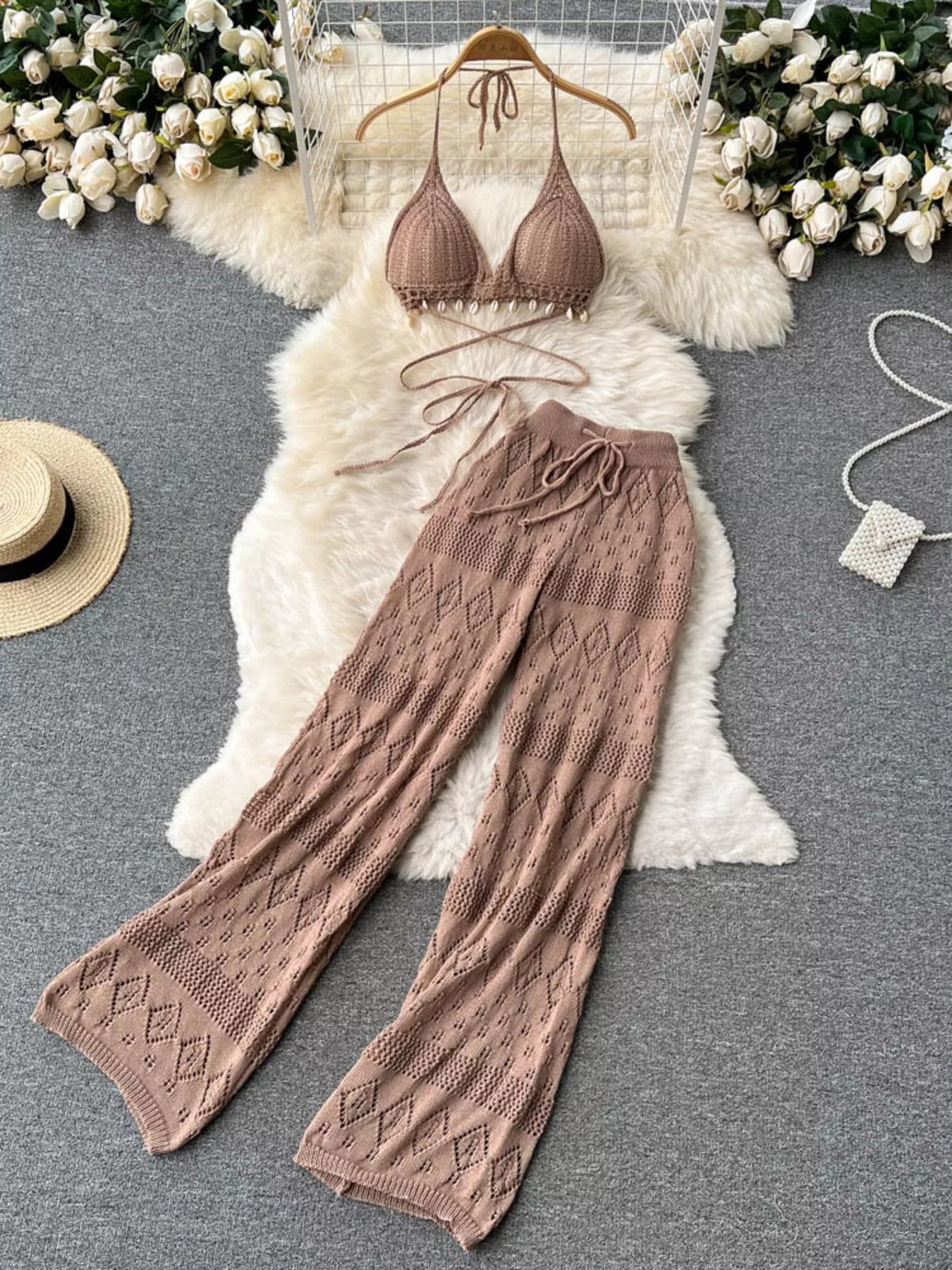 Hazel Blues® |  Crochet Knit Halter Neck Top and Wide Leg Pants Set