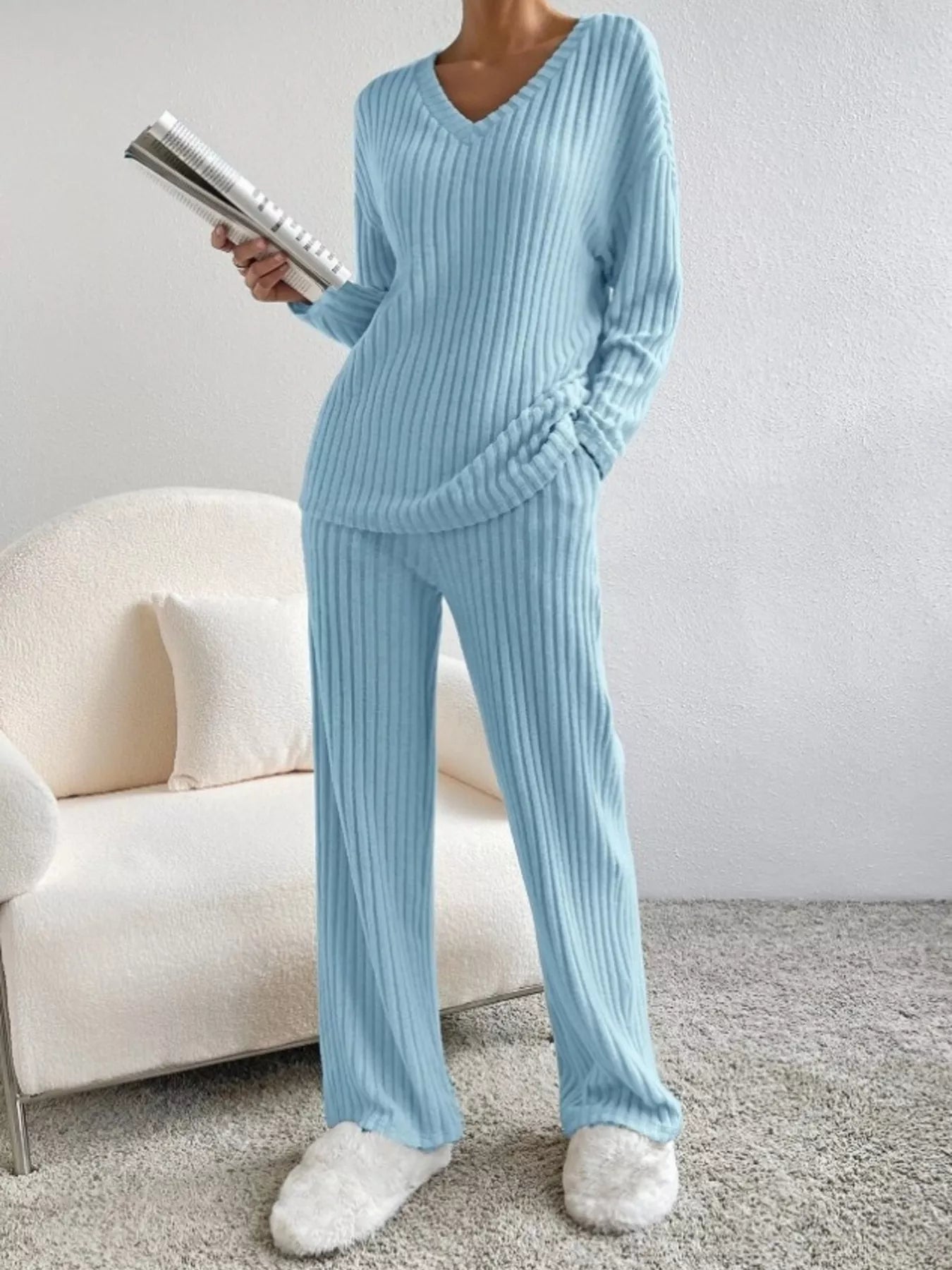 Hazel Blues® |  Ribbed Knit V-Neck Top and Pants Set