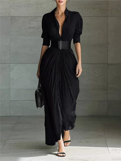 Hazel Blues® | Button Front Ruched Shirt Maxi Dress
