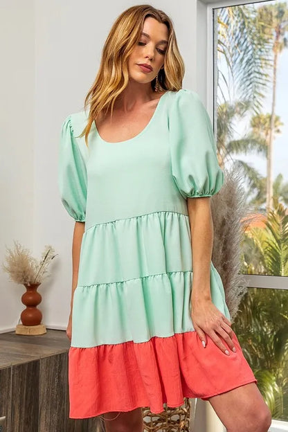 Hazel Blues® |  BiBi Two-Tone Balloon Sleeves U Neck Tiered Ruffle Hem Mini Dress
