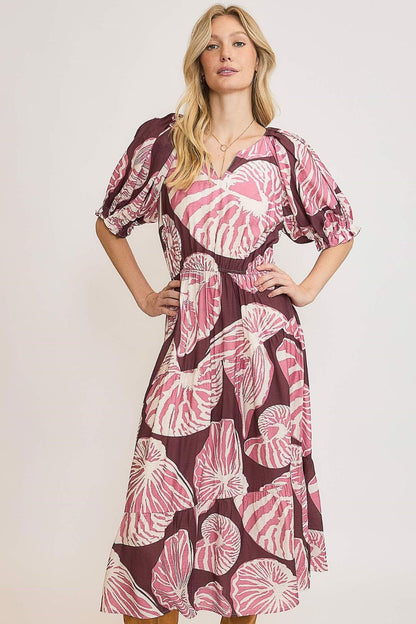 Hazel Blues® | Umgee Printed Notched Puff Sleeve Midi Dress
