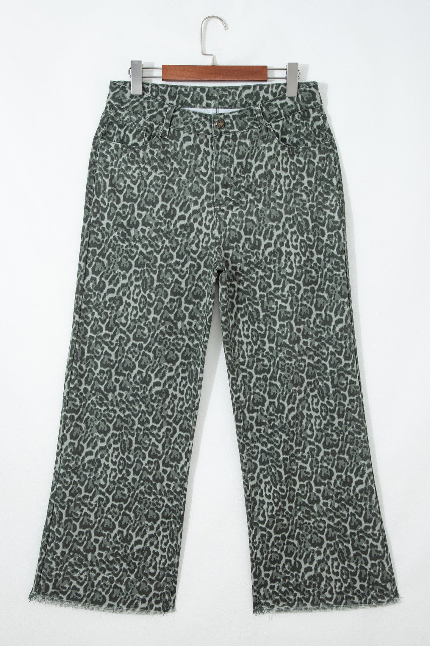 Hazel Blues® |  Gray Leopard Frayed Edge Wide Leg High Waist Jeans