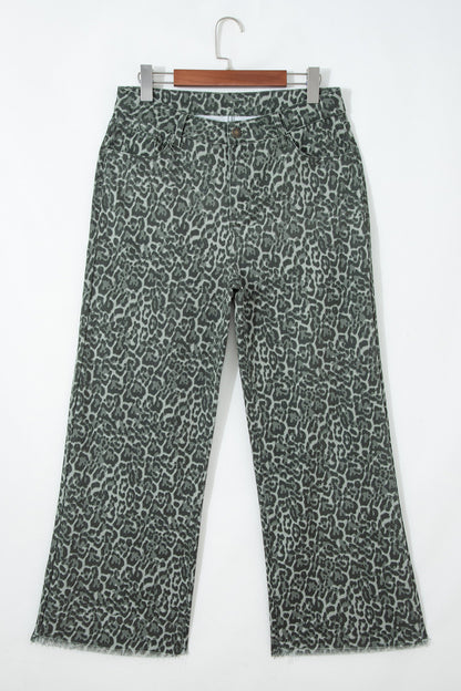 Hazel Blues® |  Gray Leopard Frayed Edge Wide Leg High Waist Jeans
