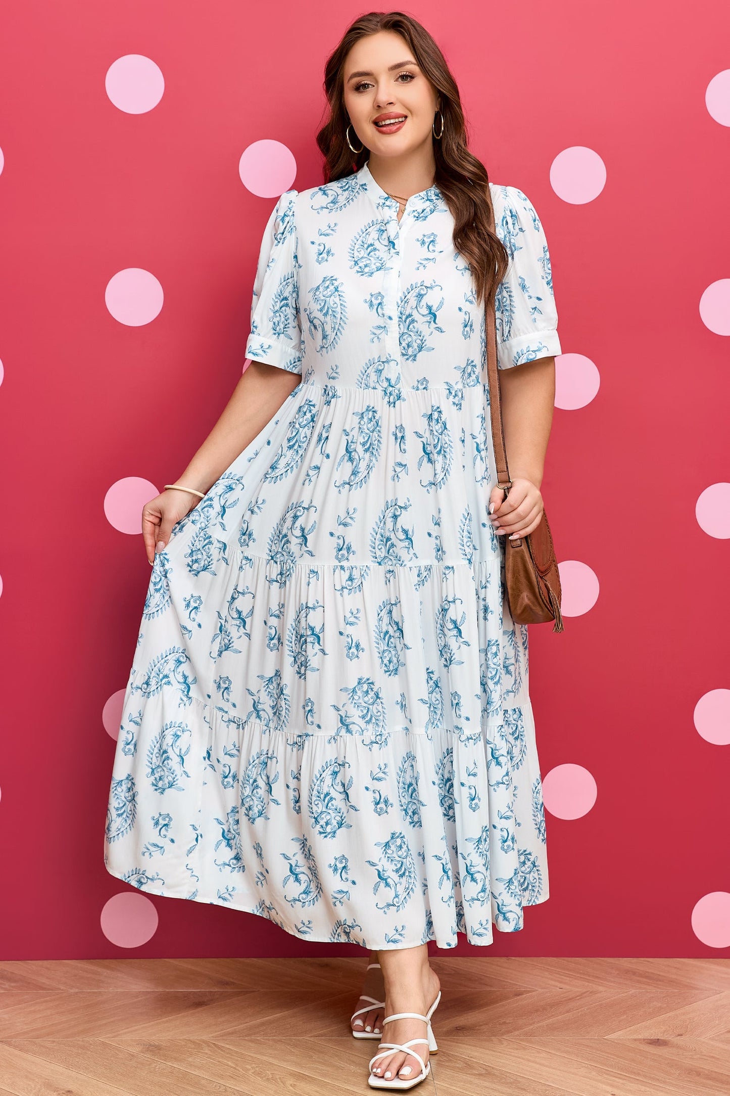 Hazel Blues® | Sky Blue Geometric Floral Print Button Split Neck Short Sleeve Maxi Dress