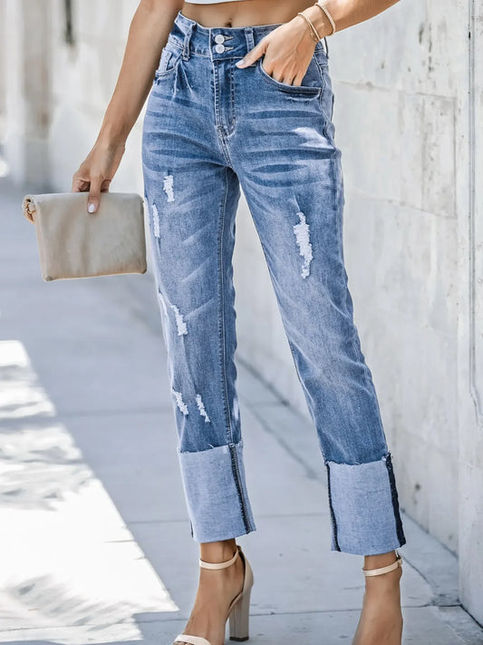 Hazel Blues® |  High Waist Distressed Straight Leg Jeans