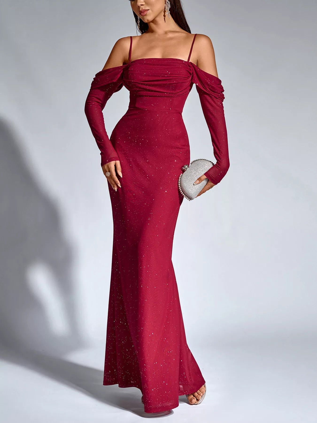 Hazel Blues® |  Glitter Ruched Long Sleeve Mermaid Maxi Dress