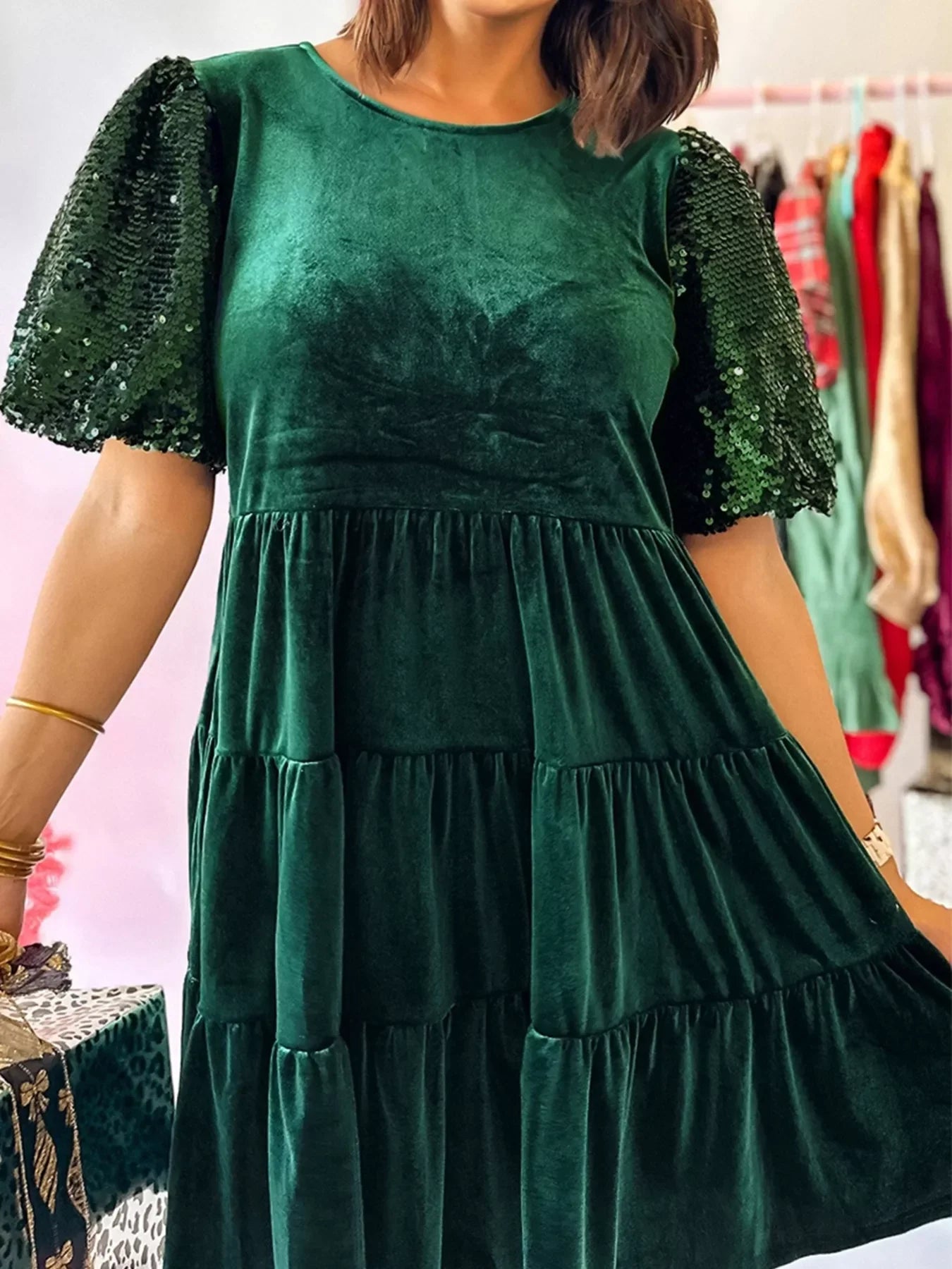 Hazel Blues® |  Sequin Puff Sleeve High Waist Tiered Velvet Mini Dress