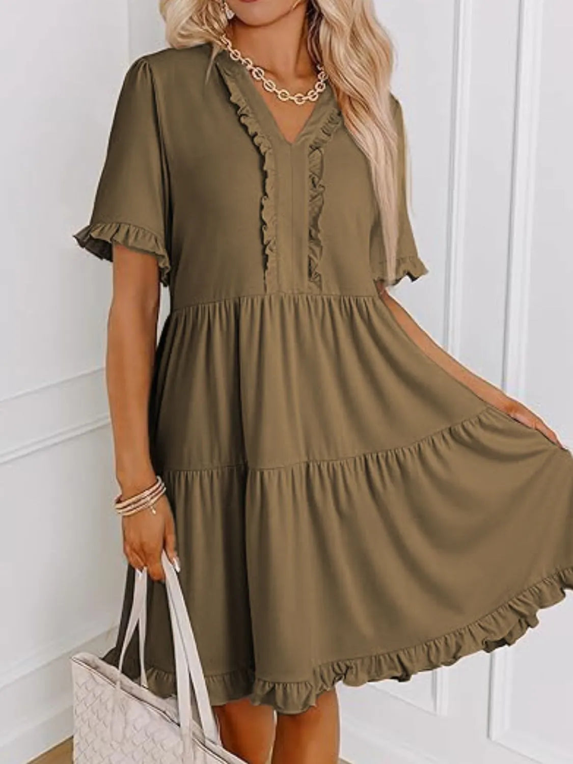 Hazel Blues® |  Tiered Notched Short Sleeve Mini Dress