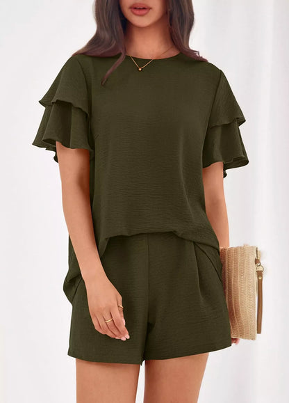 Hazel Blues® |  Ruffle Sleeve Top and Shorts Two-Piece Set