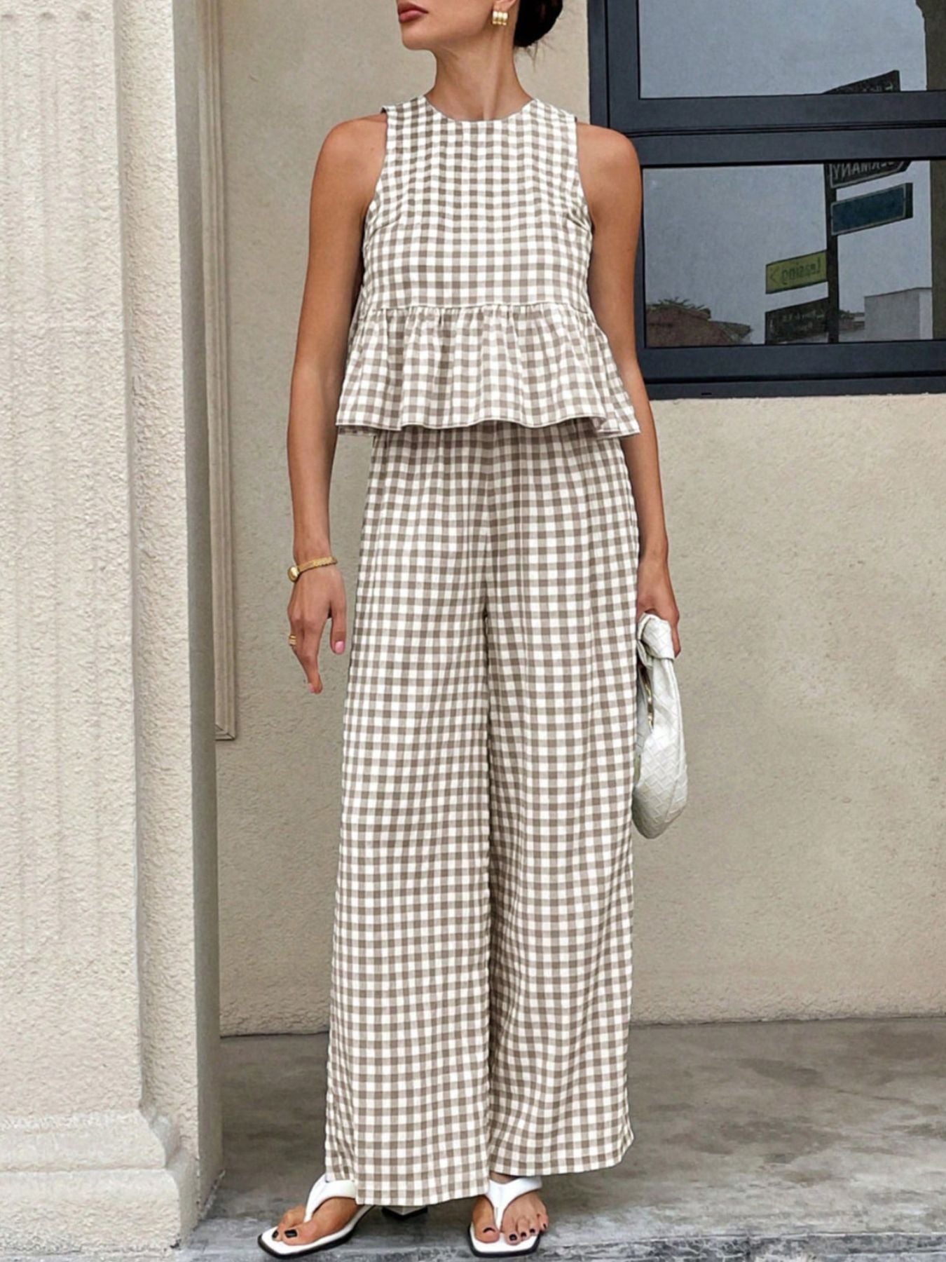Hazel Blues® |  Gingham Sleeveless Top and Wide-Leg Pants Set
