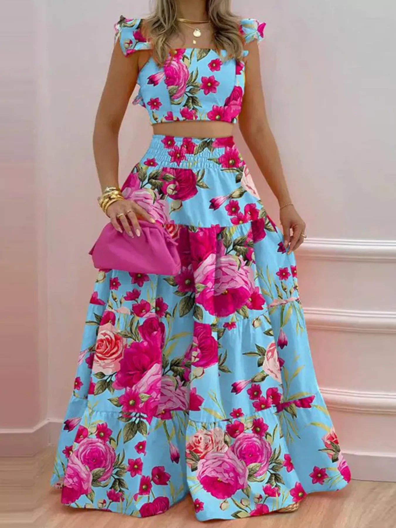 Hazel Blues® |  Crop Top and Tiered Maxi Skirt Set