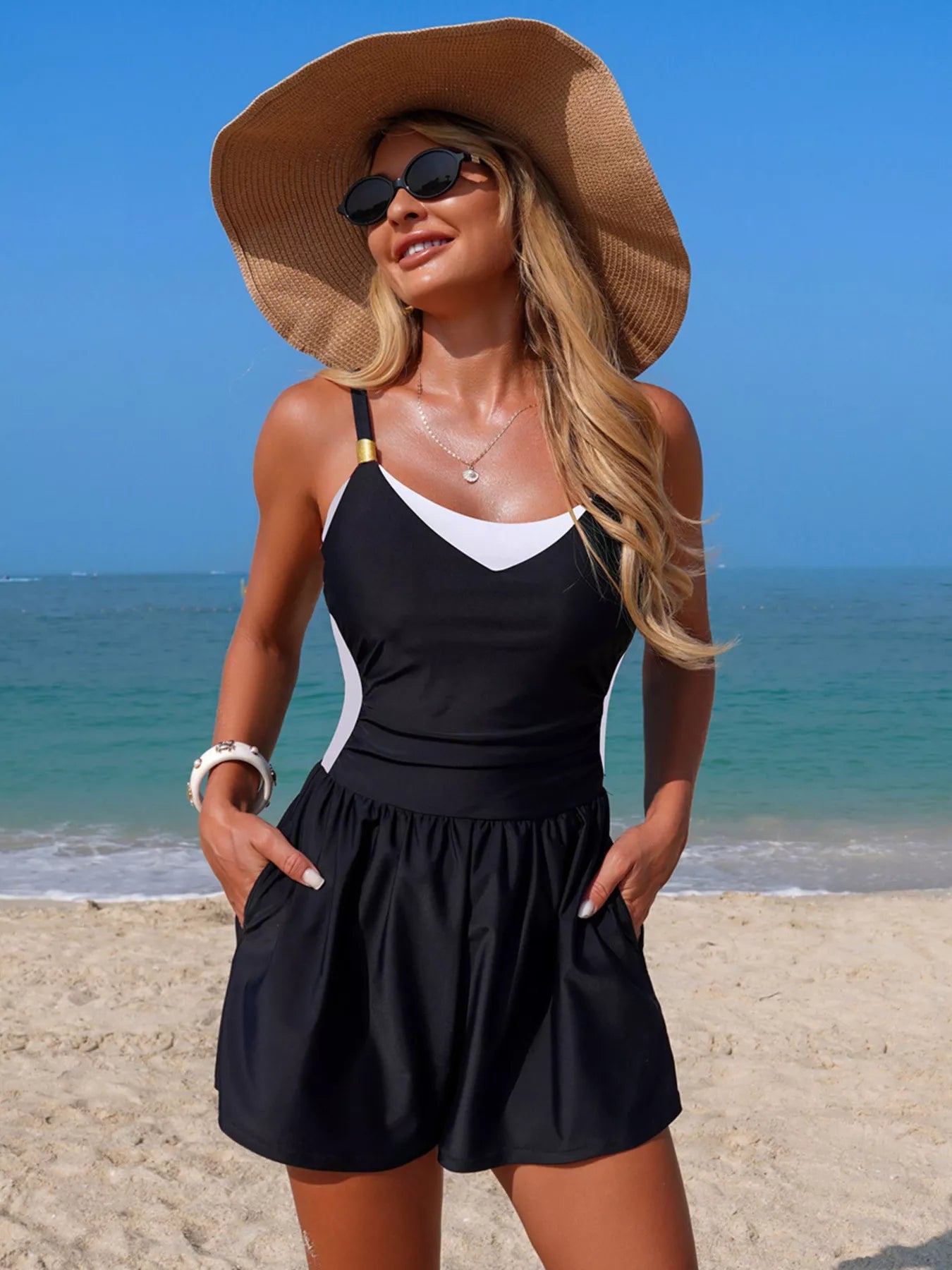Hazel Blues® | Color Block Adjustable Strap One-Piece Swimsuit